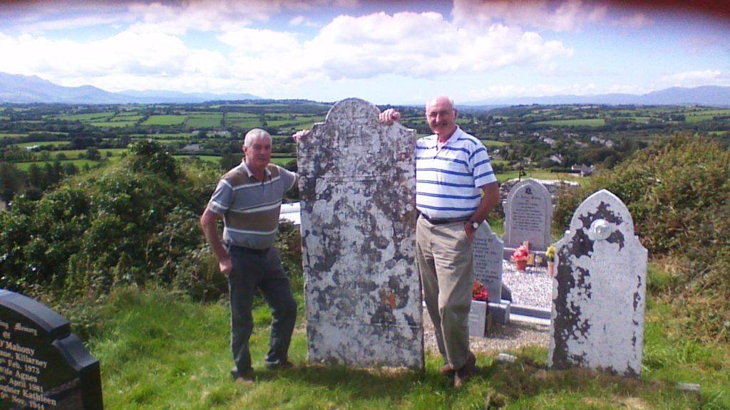 Patie & Jimmy Fleming at the Headstone of Garrett Fleming (B1848-D1812) Kilcummin Cemetery. 